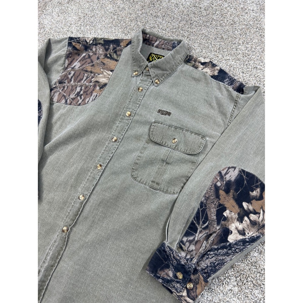 Scottish Greys Mens XL Olive Green Cotton Camo Patch Button Down Hunting #0908